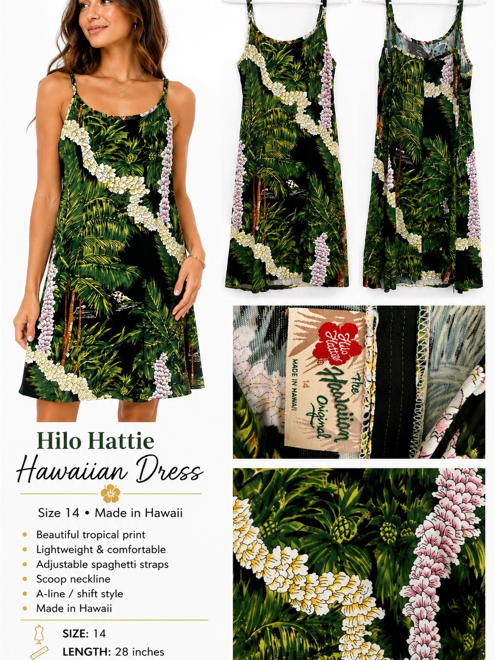 Hilo Hattie Green Tropical Slip Dress with White and Pink Lei Print